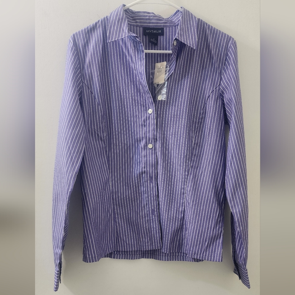 Ann Taylor Purple Striped Women's Shirt, Size 8, Cotton.